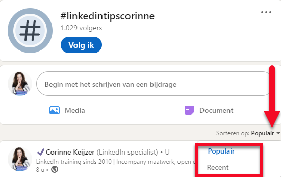 zo bekijk je de tijdlijn van hashtags op LinkedIn