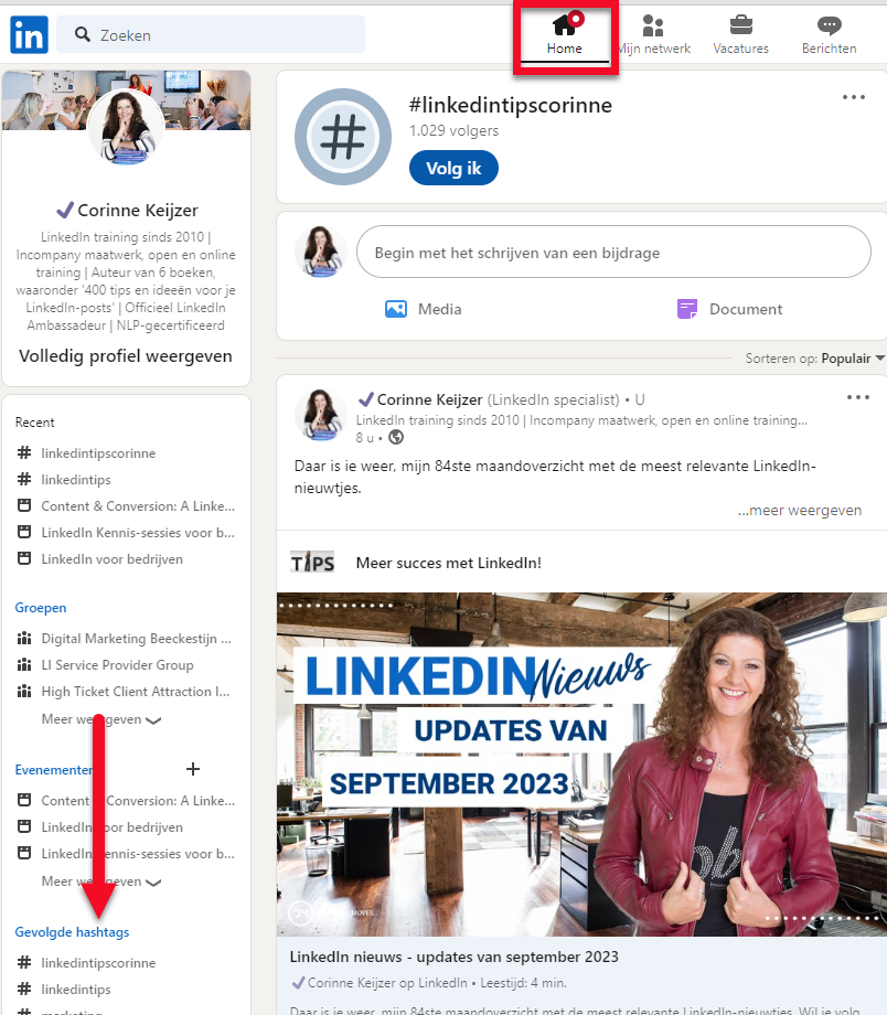 Hier vind je je LinkedIn hashtags terug