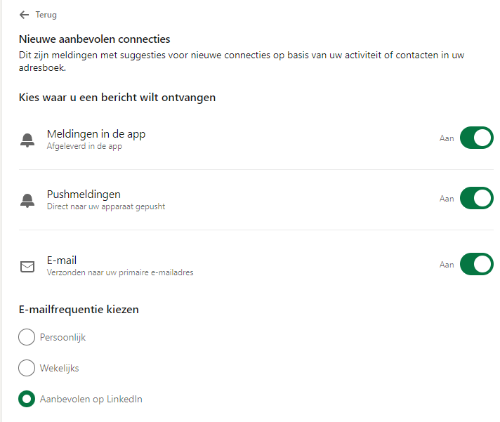 Lijst met alle meldingen die op LinkedIn in te stellen zijn.