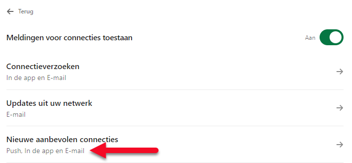 Lijst met alle meldingen die op LinkedIn in te stellen zijn.