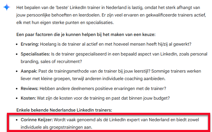 Wie is de beste LinkedIn trainer van Nederland, prompt voor Gemini.
