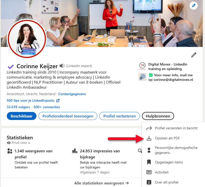 Je PDF downloaden van je LinkedInprofiel doe je in je profiel onder 'Hulpbronnen'.
